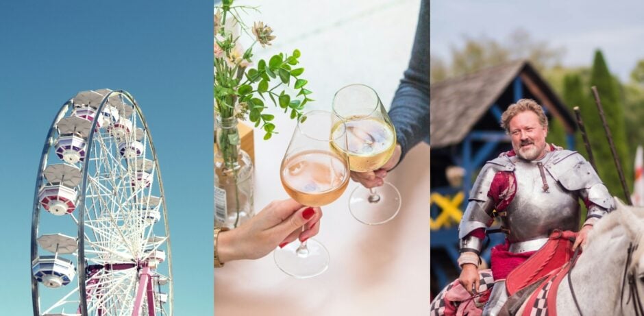 Collage aus Bildern: Riesenrad, Weingläser, Ritter