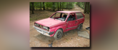 Dieses Fahrzeugwrack wurde im Wald zurückgelassen. Foto: Polizei