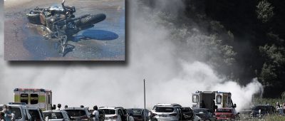 Hier zu sehen: Die Unfallstelle auf der A8 bei Zweibrücken. Das Motorrad (oben links) ging in Flammen auf. Archivfoto (Hintergrund): BeckerBredel. Archivfoto (Motorrad): Polizei