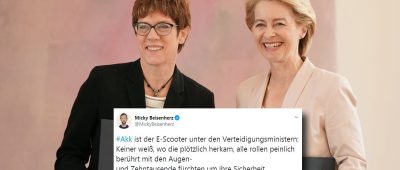 Annegret Kramp Karrenbauer löst Ursula von der Leyen als Verteidigungsministerin ab und Twitter reagiert. Foto: Michael Kappeler/dpa-Bildfunk, Screenshot: Twitter/Micky Beisenherz