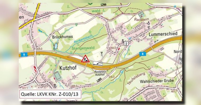 Schäden in Höhe des Rastplatzes Kutzhof werden am Mittwoch beseitigt. Dafür wird eine rund 200 Meter lange Baustelle eingerichtet. Grafik: Landesbetrieb für Straßenbau.