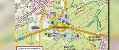 Die A8 wird in Höhe der Anschlussstelle Neunkirchen-Oberstadt voll gesperrt (rot). Eine Umleitung ist eingerichtet (grün). Grafik: Landesbetrieb für Straßenbau