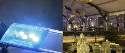 Auf dem Luxemburger Weihnachtsmarkt stürzte eine Eisskulptur ein. Dabei wurde ein zweijähriges Kind tödlich verletzt. Foto (rechts): Police Grand-Ducale | Foto (links): dpa-Bildfunk/Karl-Josef Hildenbrand