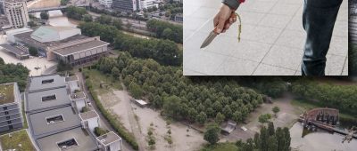 Der Vorfall ereignete sich im Bereich der Congresshalle in Saarbrücken. Symbolfotos: (Hintergrund) BeckerBredel | (Messer) Presseportal/Bundespolizei