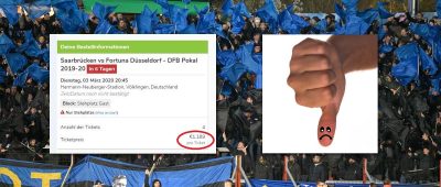 Auf der Ticket-Plattform "Viagogo" werden die Tickets für das Spiel 1. FC Saarbrücken gegen Fortuna Düsseldorf zu Wucherpreisen angeboten. Symbolfoto Hintergrund: Oliver Dietze/dpa; Screenshot "viagogo"; Daumen runter: Pixabay