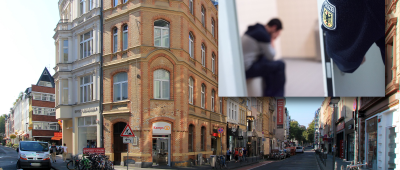 Nach dem Vorfall in der Kölner Altstadt-Nord verbrachte die Polizei den Randalierer in eine Zelle. Fotos: (Hintergrund) Archivfoto/Wikimedia Commons/HOWI/GNU-Lizenz (Foto bearbeitet) | (Zelle) Symbolfoto/Presseportal/Polizei