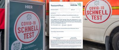 Die saarländische Landesregierung hat ein Testzertifikat für die Corona-Teststellen im Saarland entworden. Symbolfoto Hintergrund: picture alliance/dpa | Harald Tittel; Testzertifikat: Screenshot von saarland.de