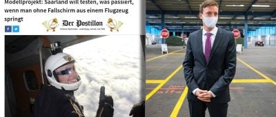 "Der Postillon" hat auf satirische Weise Kritik am Saarland-Modell geübt. Screenshot links von der-postillon.com; Symbolfoto rechts: Oliver Dietze/dpa