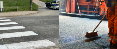 Der Zebrastreifen sei mit einer dünnen Schicht Fixasphalt überdeckt worden. Fotos: (links) dpa/Polizeiinspektion Hermeskeil/Bernd Barthen | (rechts) dpa-Bildfunk/Matthias Balk