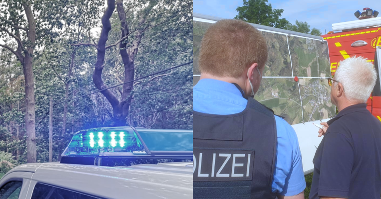 Mehr als 100 Kräfte waren an dem Einsatz beteiligt. Fotos: (rechts) Facebook/Daniel Gisch/112 Nohfelden aktuell | (links) Symbolfoto/Presseportal/Polizei
