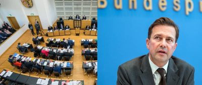 Sowohl die Fraktionen des saarländischen Landtags (Symbolfoto links: Oliver Dietze/dpa) als auch die Bundesregierung (Regierungssprecher Steffen Seibert auf Foto rechts: Jens Büttner/dpa) haben sich gegen Strafen für Imüfschwänzer ausgesprochen.